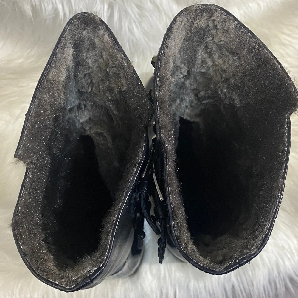 Stuart Weitzman Loverain Leather Black Studded Faux Fur Lined Boots - Picture 8 of 16